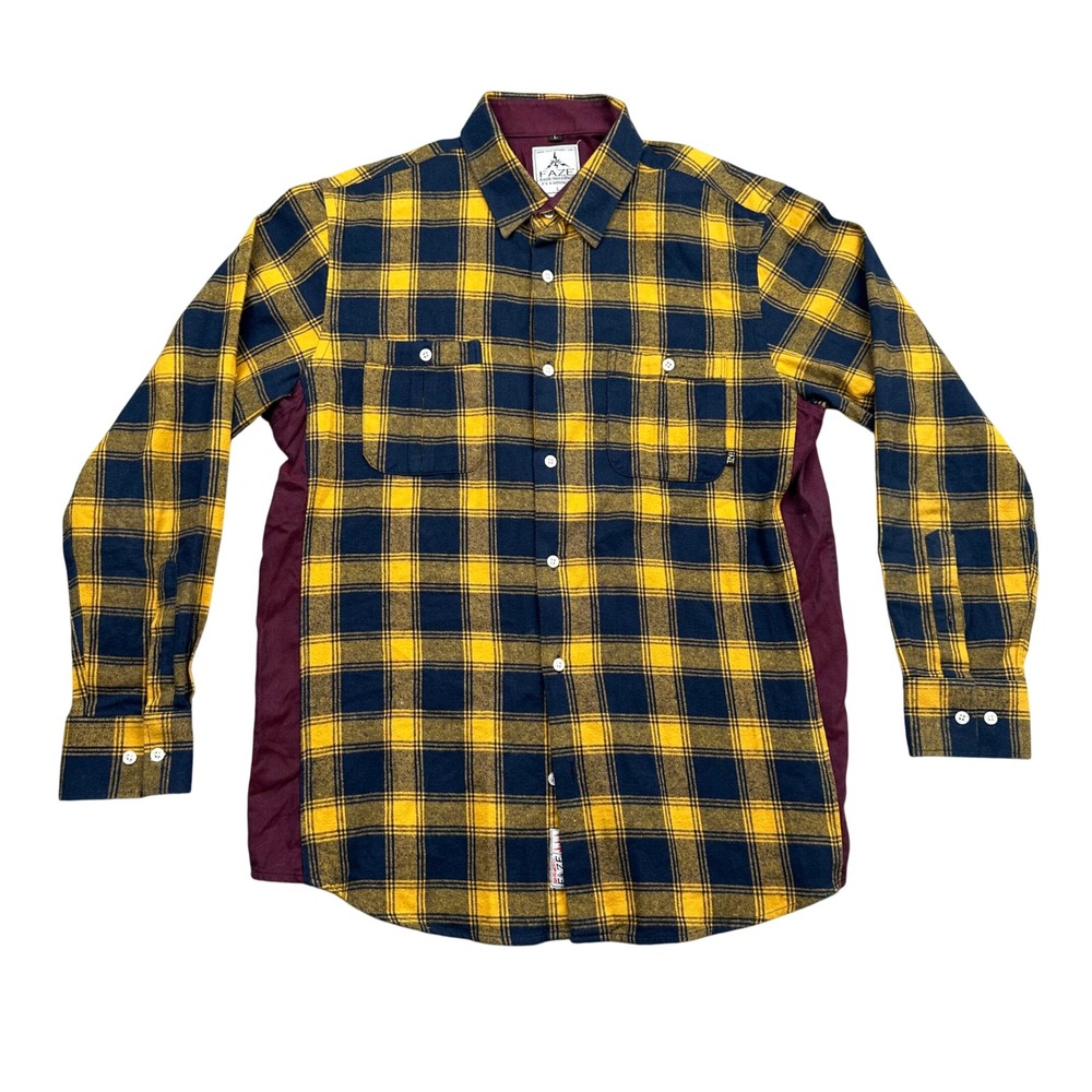 FAZE Apparel Flannel Shirt Mens L Navy Gold Plaid Burgundy Contrast 2 Tone EUC